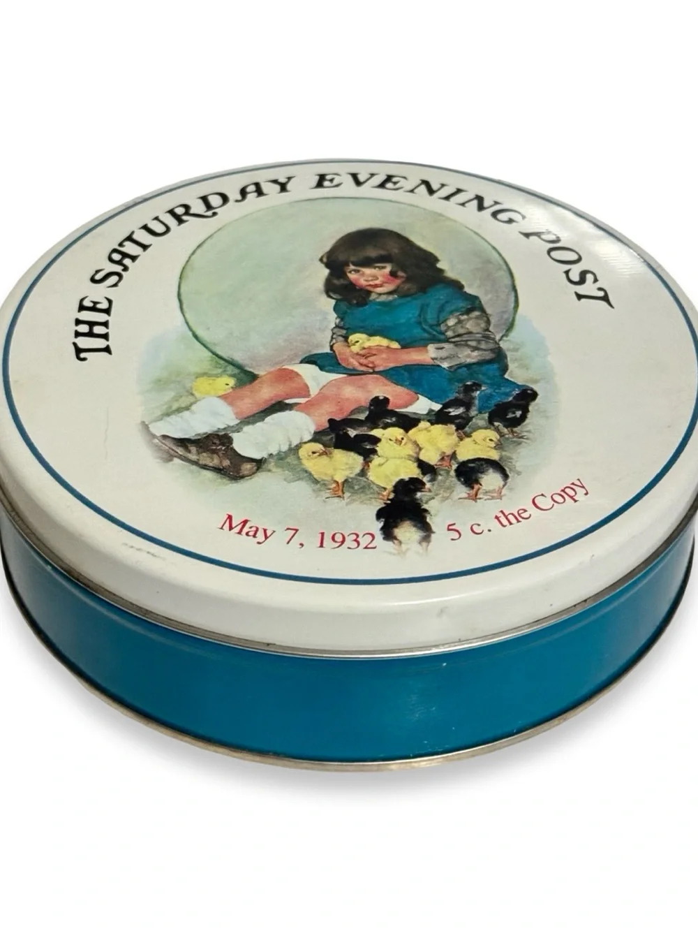 Vintage Ellen Pyle Baby Chicks Tin 1932 Saturday Evening Post Blue 7.5”